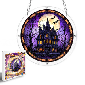 Rompecabezas acrílico con forma de castillo de Halloween, adorno decorativo redondo de 7,87 pulgadas con cadena para decoración de pared del hogar - Product Image 2