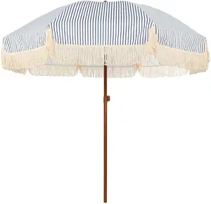 Пользовательский роскошный портативный зонтик 8 футов, винтажный деревянный шест в стиле бохо с кисточками, Премиум пляжный зонтик