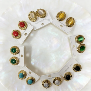 Boucles d'oreilles ovales en acier inoxydable 304 incrustées de pierre œil de chat et de turquoise, électroplaquées sous vide, boucles d'oreilles tendance pour femmes, bijoux - Product Image 6