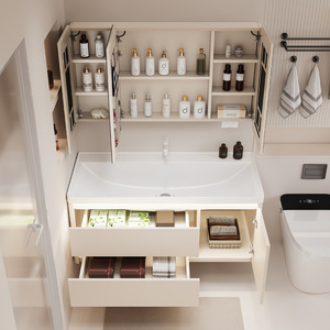 Meuble de salle de bain multifonctionnel indépendant, moderne et élégant, de couleur crème, avec miroir. - Product Image 5