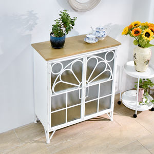 Aparador de Almacenamiento Contemporáneo Rústico con Puerta de Vidrio Blanco, Parte Superior de Madera y Marco de Metal para Uso en Entrada de Casa de Campo u Hotel - Product Image 2