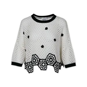 Customized Good Quality Crochet Join Pointelle Round Neck Half Sleeve Women Knit Pullover Sweater