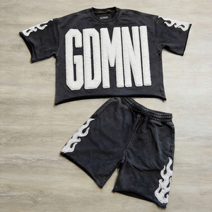 Set Streetwear Vintage di Lusso Personalizzato con Logo, Lavaggio Acido, Stile Y2K Hip Hop, T-Shirt e Pantaloncini in <span class=keywords><strong>Cotone</strong></span> con Applicazione Fiamma, 2 Pezzi - Product Image 2