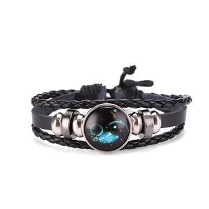 Douze Zodiac Couple Bracelet Verre Cross-border Multi-couche Perle Lumineux Punk Vache En Cuir Ciel Étoilé Bracelet - Product Image 5