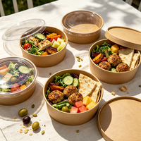 Conteneur alimentaire en papier kraft blanc imprimé sur mesure, bol à soupe et salade jetable avec couvercle, revêtement PE PLA de qualité alimentaire, vente en gros