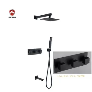 AMAXO Commercial Matte Black Shower Torneira Mixer Set 3 alças banhos de latão e chuveiros Torneira Com Under Water Outlet