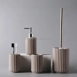 Wholesale Color Brown Ceramic Bath Accessories Set 4 Soap Dispenser Tooth Brush Holder Tumbler Soap Dish Toilet Brush Holder