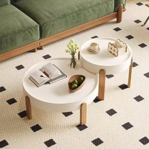 Cream Colored Coffee Table Round <b>Combination</b> Solid Wood Legs Nordic Style Living Room Modern Table - Product Image 1