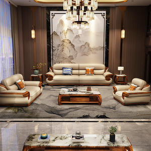 Современный кожаный диванный гарнитур в новом китайском стиле из массива дерева для гостиной виллы, класса люкс, из массива дерева - Product Image 5