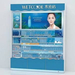 Présentoir autoportant en bois haut de gamme avec panneau publicitaire numérique et éclairage LED réglable pour exposition en magasin de cosmétiques - Product Image 1