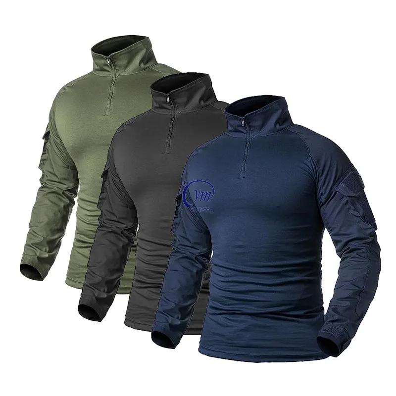 Mens הסוואה טקטי אימון 1/4 Zip Camo למעלה ארוך שרוול חולצות