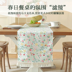 New fresh and pastoral style table runner with floral print and tassel trim, long strip fabric tablecloth in American country - Product Image 2