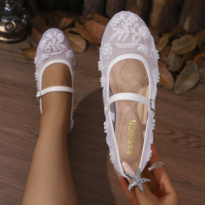 Nouvelles Ballerines d'été légères en maille brodée de perles, décontractées <span class=keywords><strong>et</strong></span> élégantes, à bout peu profond <span class=keywords><strong>et</strong></span> lacets plats - Product Image 3