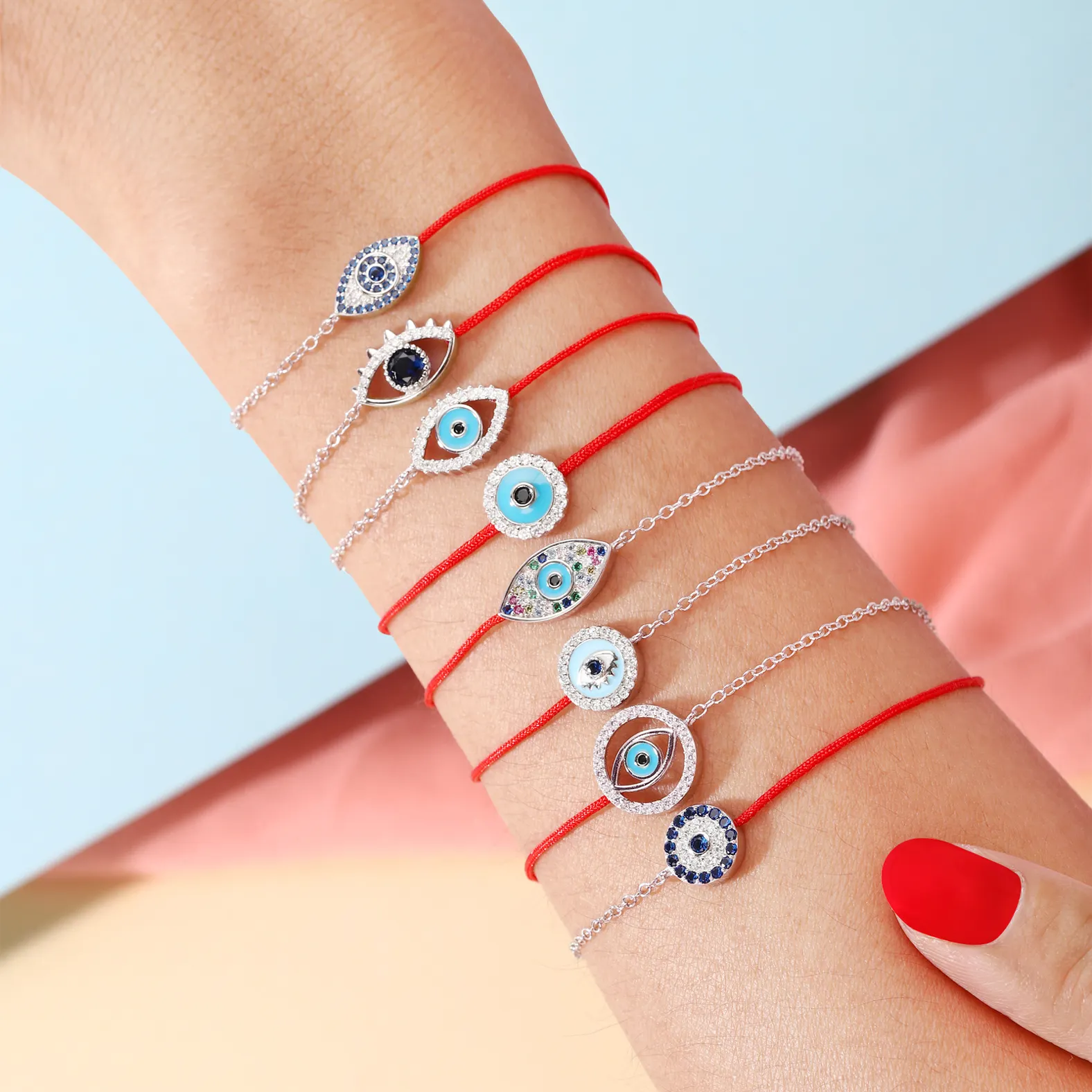 Colorful Rope Bracelets With Heart Or Evil Crystal Eyes Charms Bracelets 925 Sterling Silver For Women All-match Items Jewelry