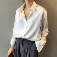 Chemise en Satin Vintage Boutonnée pour Femme, Mode Bureau, Élégante Blouse en Soie Blanche à Manches Longues