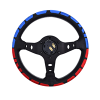 Volant de course personnalisé durable de 13 pouces en cuir véritable rouge et bleu brodé pour voiture de rallye sportive