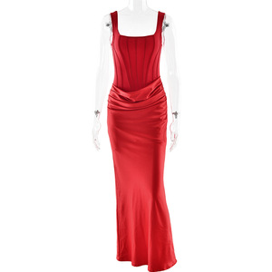 Robe de soirée moulante plissée à la taille, sans manches, couleur unie, style européen et américain, dos nu, coupe ajustée, motif arête de poisson - Product Image 5
