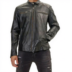 Veste en cuir véritable noir pour homme, col à boutons-pression, double fermeture éclair sur la poitrine, en peau de mouton, style Cafe Racer, personnalisée, classique, vintage, vêtement d'extérieur d'hiver - Product Image 1