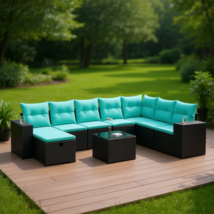 Black Poly Rattan Patio <b>Sofa</b> <b>Set</b> With Cushions Outdoor Garden Furniture Contemporary Design 9 Piece - Product Image 2
