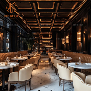 Meubles de restaurant de café de luxe, tables rondes en marbre, chaises pâles et ensemble de canapé en velours orange pour la salle à manger du café - Product Image 6