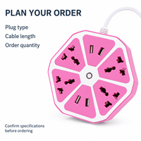 Stopkontak Ekstensi USB Industri 10A dengan 4 Stopkontak AC dan 4 Port USB-A dalam Warna Pink dan Putih untuk Meja Rumah dan Kantor.