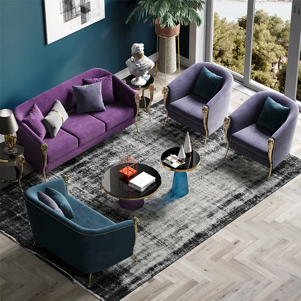 Luxury European Modern Design High End Fabric Velvet Purple 3 Seats Lounge Corner Sofa Set Living Room Sofas For Home Furniture