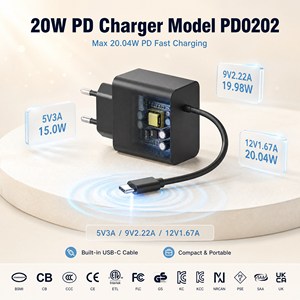 Chargeur mural 20W PD3.0 QC3.0 USB Type C, câble rétractable rapide ignifuge pour téléphone portable, ordinateur portable, certifié CE ETL FCC - Product Image 2