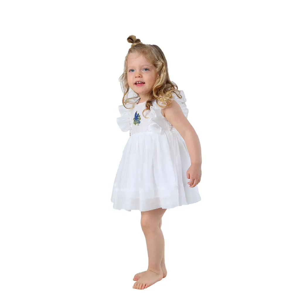 Boutique Cute White Chiffon Organza Hand Floral Embroidery Baby Girl Dress