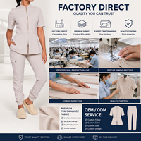 Ensemble uniforme de travail pour femme en coton antibactérien, comprenant un haut à col montant, fermeture éclair intégrale, manches courtes, style peplum et un pantalon jogger à poches, personnalisable