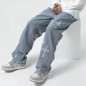 Hip Hop Boyfriend Jeans Embroidered Loose Wide Leg Denim Pants Men's High Street Jeans