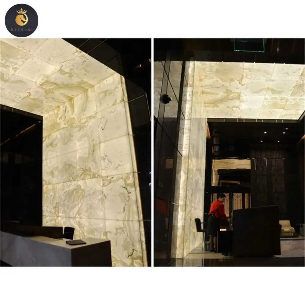 EV ubin marmer tembus cahaya latar gaya Modern desain struktur kustom dekorasi vila Hotel ubin batu Onyx putih alami