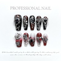 Ongles longs carrés faits à la main à pression, ombré rouge et noir, dégradé gothique mat, style vampire, esthétique sombre