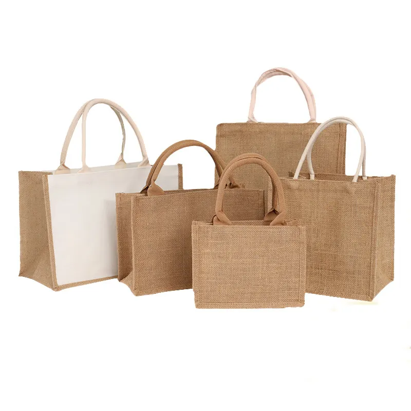 Custom Logo Jute Tote Bags Burlap Jute Reusable Canvas Gift Bag with handles Blank Totes With Low MOQ