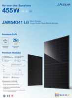 ألواح شمسية ثنائية الوجه من النوع N بزجاج مزدوج سوداء بالكامل JAM54D41-440 LB JA بقدرة 440-550 واط وكفاءة 22.3٪ للاستخدام الخارجي، متوفرة في المخزون الأوروبي
