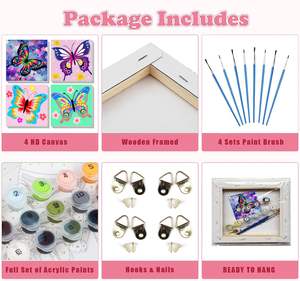 Paquete de 4 8X8in marco de madera lienzo mariposa pintura <span class=keywords><strong>por</strong></span> número niños DIY acrílico pintura al óleo Kits pintura <span class=keywords><strong>por</strong></span> números para decoración de pared - Product Image 3