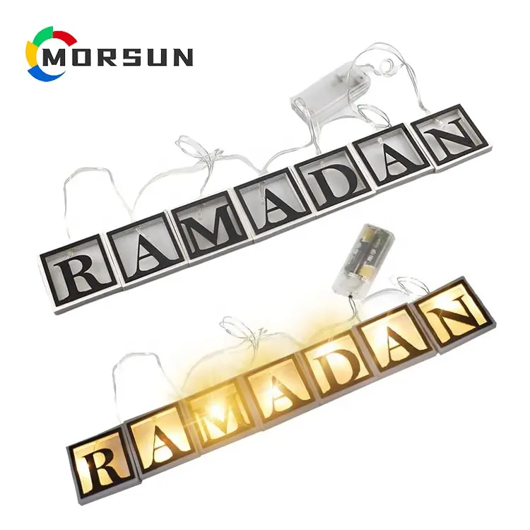 Morsun ramadan mubarak bằng gỗ rỗng chữ dẫn chuỗi Lights đối với trang trí nội thất bên