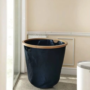 <b>Foldable</b> Waterproof Wooden Laundry <b>Basket</b> Black Round Standing Type For Bathroom Clothing Storage Organizer - Product Image 1