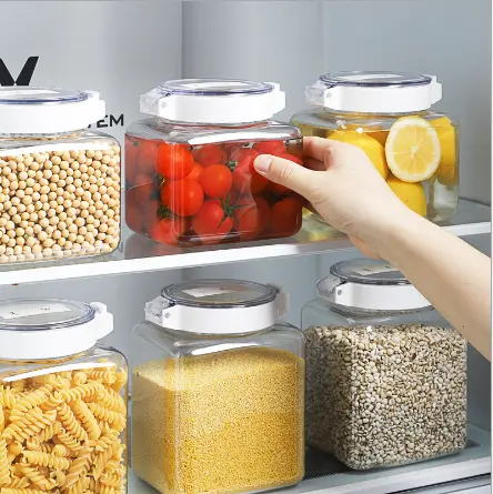 Tarros de plástico transparente para almacenamiento de alimentos de mascotas, alta calidad, a prueba de humedad, para cocina, con tapa sellada