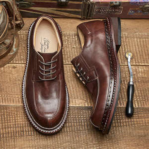 Zapatos Derby de Piel Auténtica Estilo Vintage Otoñal, Lavados con Agua, de Primera Capa de Piel de Vaca, Punta Redonda, Zapatos Casuales de Piel, Diseño Clásico - Product Image 3