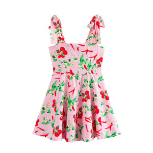 Abito Casual da donna in lino estivo <span class=keywords><strong>con</strong></span> bretelle a fiocco Mini modello di ciliegio al limone intrecciato traspirante per dolci vacanze - Product Image 2