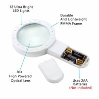 Handheld 30X LED Illuminated Magnifying Glass with 2 LED Lights Plastic Lens 30mm Diameter for Seniors Reading and Soldering