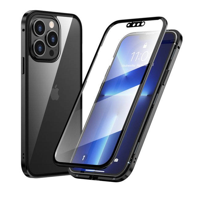 Clear HD Glass Magnetic Double Sided Glass Protector Metal Bumper Screen Protective Phone Case for iPhone 14 13 12 11 Pro Max