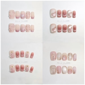 Gran Promoción: <span class=keywords><strong>Uñas</strong></span> Postizas Hechas a Mano, Cortas, Cuadradas, Simples, <span class=keywords><strong>con</strong></span> Diseño de Ojos de Gato, Perlas y <span class=keywords><strong>Flores</strong></span>, Desmontables, Cobertura Total - Product Image 1