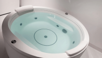 Baignoire de massage à remous en acrylique moderne pour 2 personnes avec jets dissimulés, lumière LED et drain intégré, idéale pour les spas familiaux