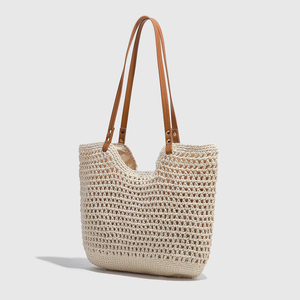 Borsa a Rete da Spiaggia Estiva all'Ingrosso Beige Personalizzata Borsa a Tracolla in Maglia Lavorata a Maglia con Cinghia in Pelle - Product Image 1