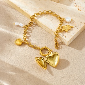 Heart Shape Gold Plated Charm Bracelet With Pearl And Flower Pendant For Women Gift Jewelry - Product Image 3