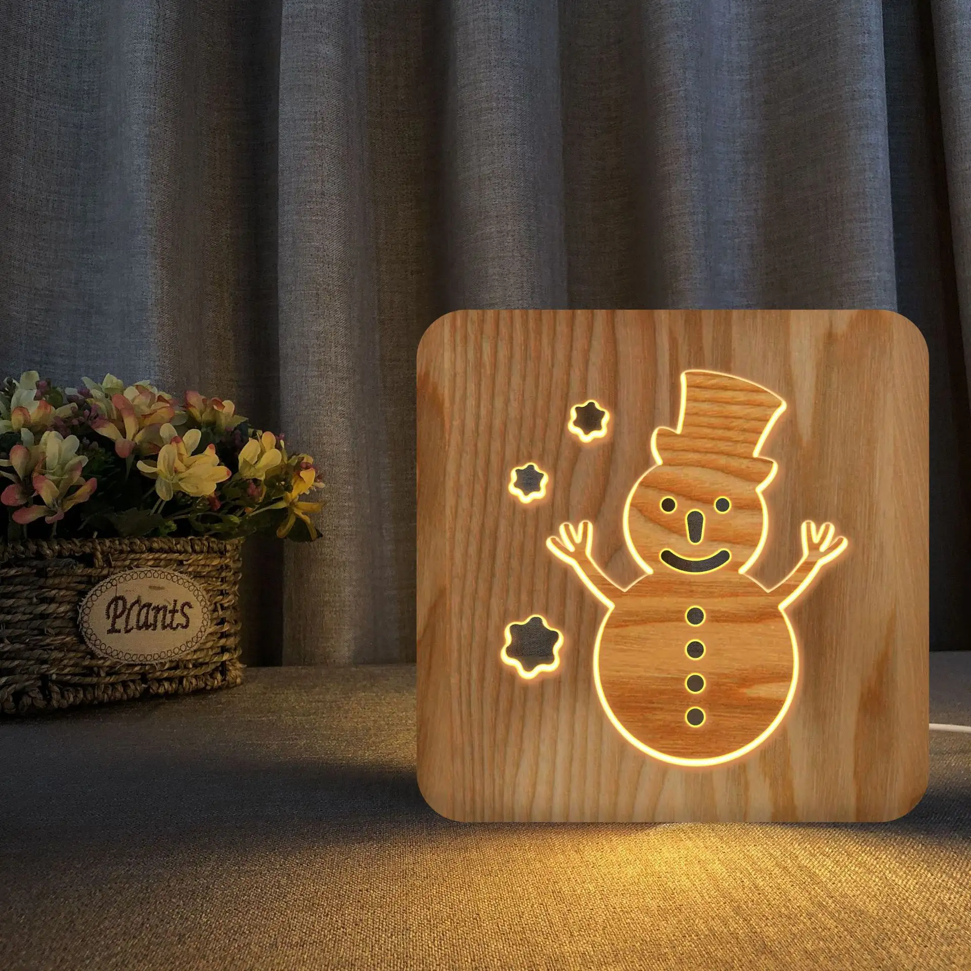 Indoor Decorative USB Base Wood Lamp 3D Night Light Cartoon Snowman Shaped 3D Wooden LED Night Lamp