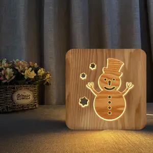 Indoor Decorative USB Base Wood Lamp 3D Night Light Cartoon Snowman Shaped 3D Wooden LED Night Lamp