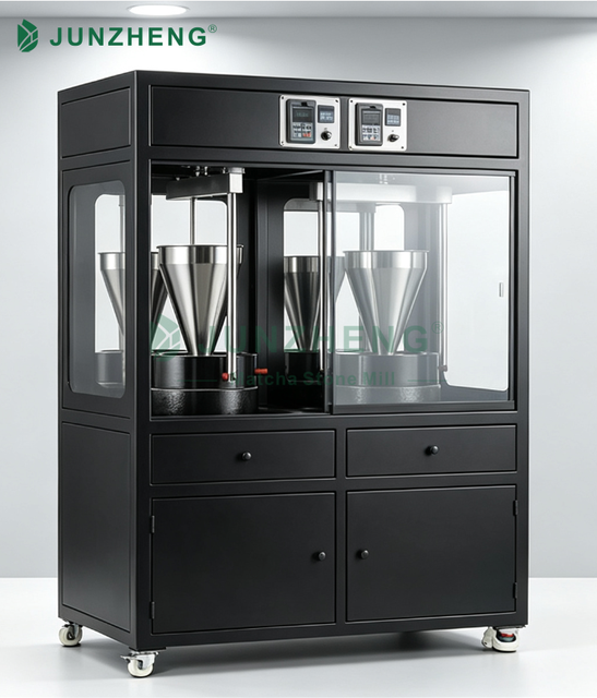 JUNZHENG Electric Automatic Dual-Station Matcha Stone Mill Grinder Commercial Powder Making Machine 0.55kW Motor Adjustable