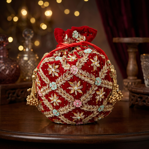 Red Velvet Circular Potli <b>Bag</b> With Floral Embroidery Tassel Drawstring Closure For Evening Party - Product Image 2